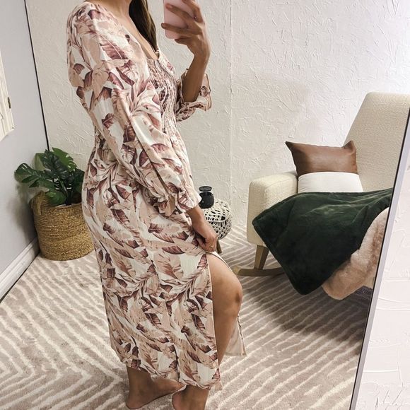 House of Harlow 1960 Womens Large Dress Midi Pink Floral Leaves Puff Sleeves - Picture 3 of 13